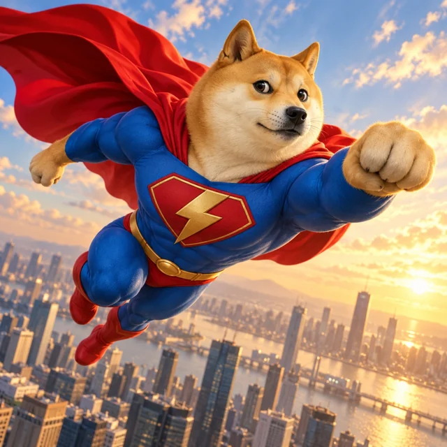SuperDoge flying above the city